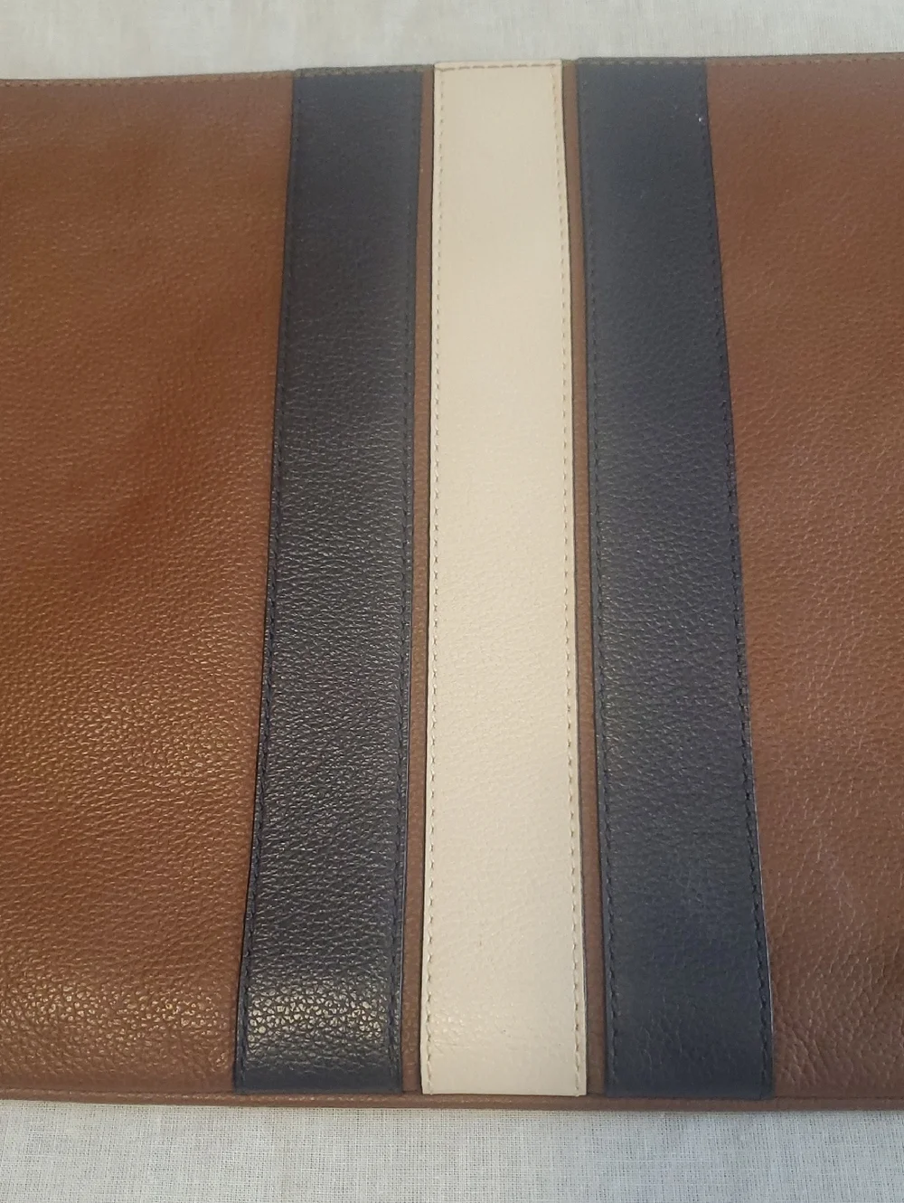 Coach Brown Leather Laptop Pouch with Navy and Cream Stripes